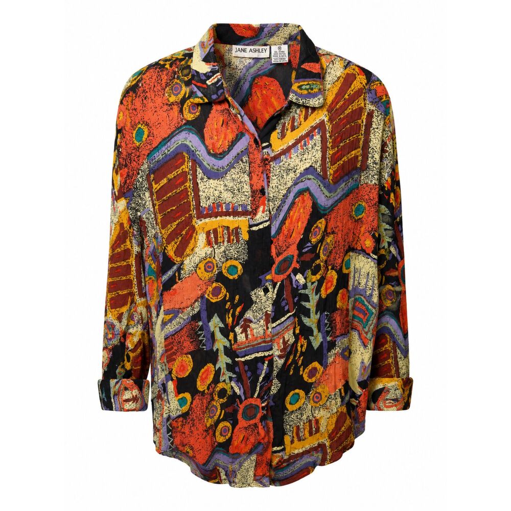 Vintage Jane Ashley Women's Medium Abstract Rayon Button Front Blouse Nepal